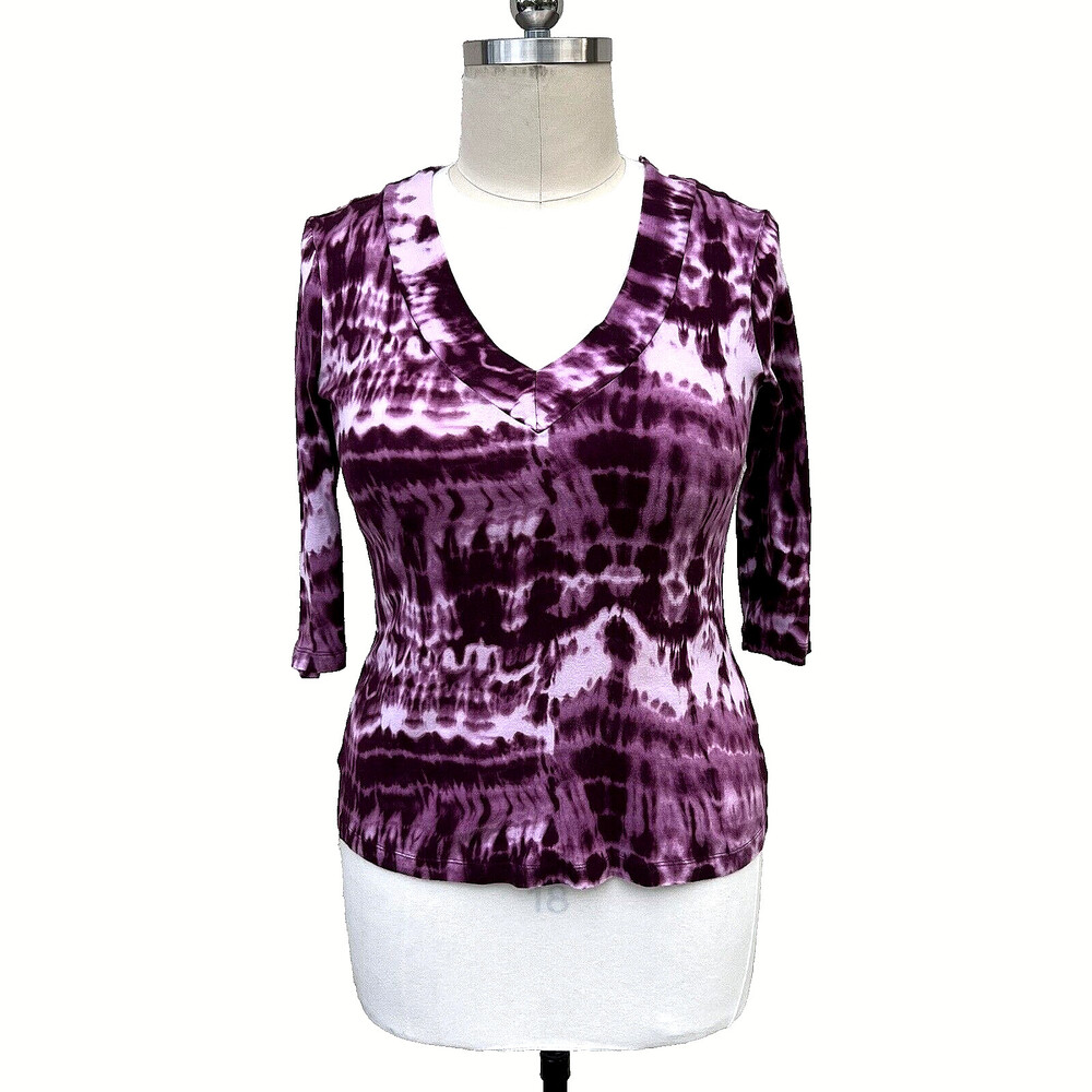 Daisy Fuentes - Women's Dark Purple Pink Tie Dye Vneck 3/4 Sleeve Tee XL
